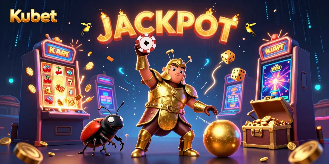 Kubet's adventurous illustration showcasing a victorious beetle and vibrant casino elements, celebrating slots and jackpots in style.