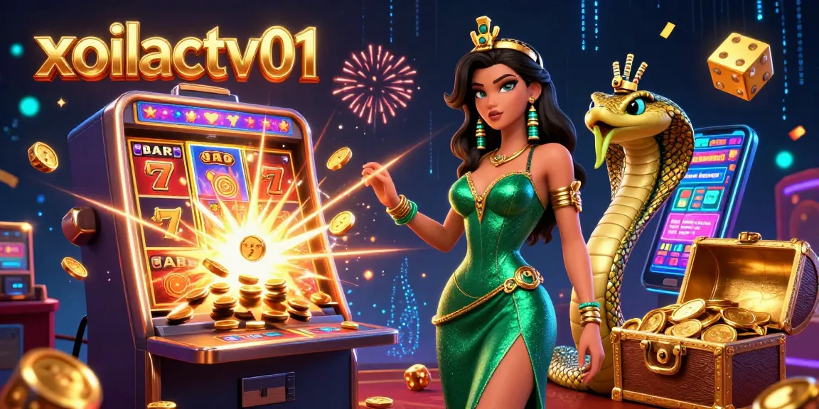 Xoilactv01 features a striking illustration of a glamorous woman with a cobra amidst brilliant gambling elements, showcasing slot machines and gaming excitement.