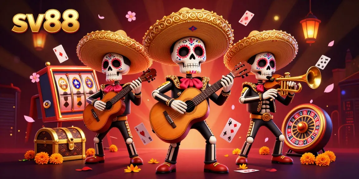 sv88 celebrates vibrant casino experiences featuring skeleton mariachi band amidst casino elements.