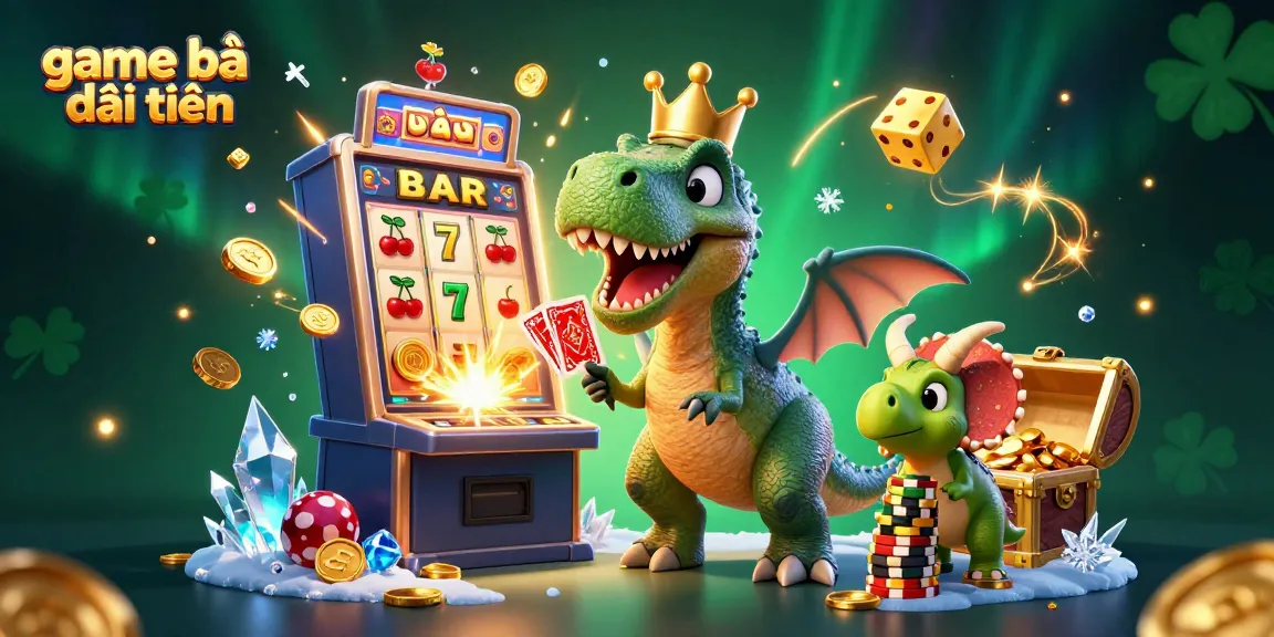 Experience thrilling game bài đổi thưởng with a cartoon T-Rex shuffling cards and winning big!