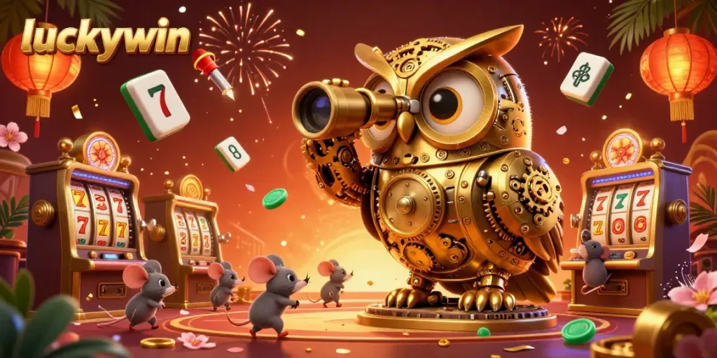 Play luckywin games with exciting jackpots featuring a golden owl and lively casino elements.