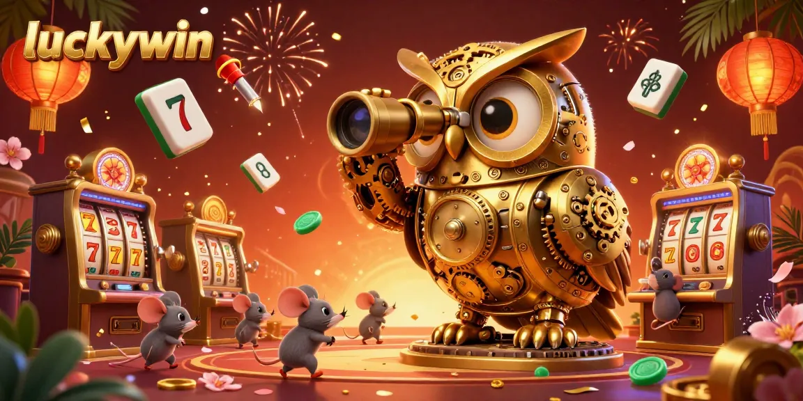 Play luckywin games with exciting jackpots featuring a golden owl and lively casino elements.