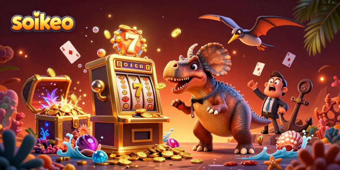 Engage with soikeo's dynamic slot scene featuring a dinosaur celebrating a jackpot payout.