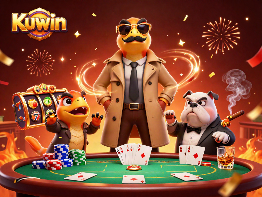 Kuwin raptors in trench coat seeking VIP entry, surrounded by vibrant slots and poker elements