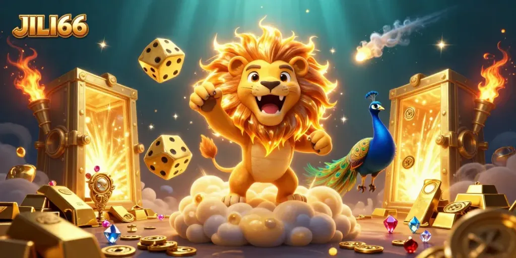 JILI66 casino excitement with a roaring cartoon sun lion, golden dice, and casino treasures.