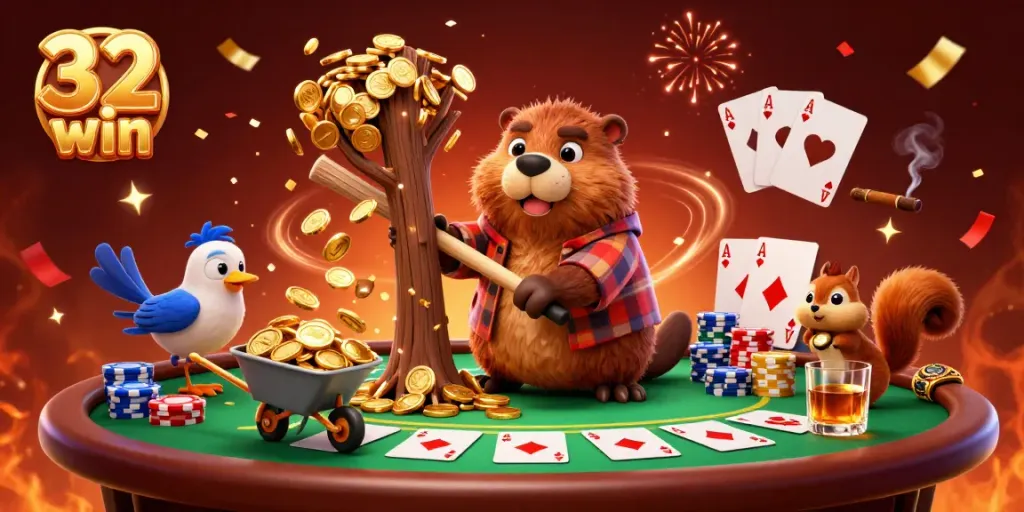 Experience thrilling gaming action with 32 win, featuring a beaver and friends in a gold coin-filled casino.