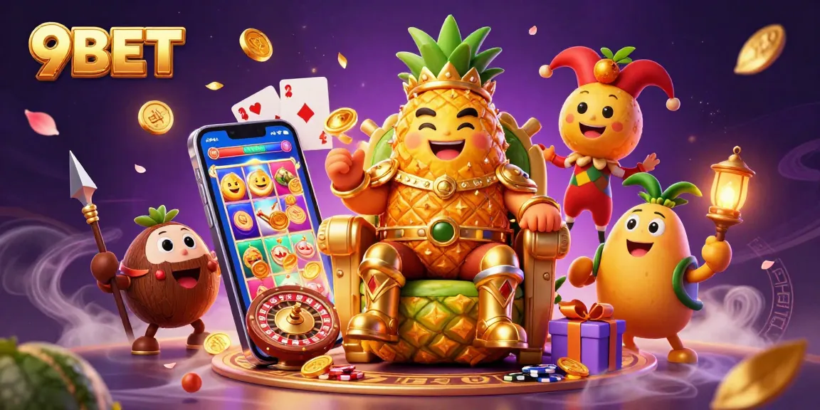 Engage in thrilling gaming adventures at 9BET, with a vibrant scene featuring casino characters, games, and exciting rewards.