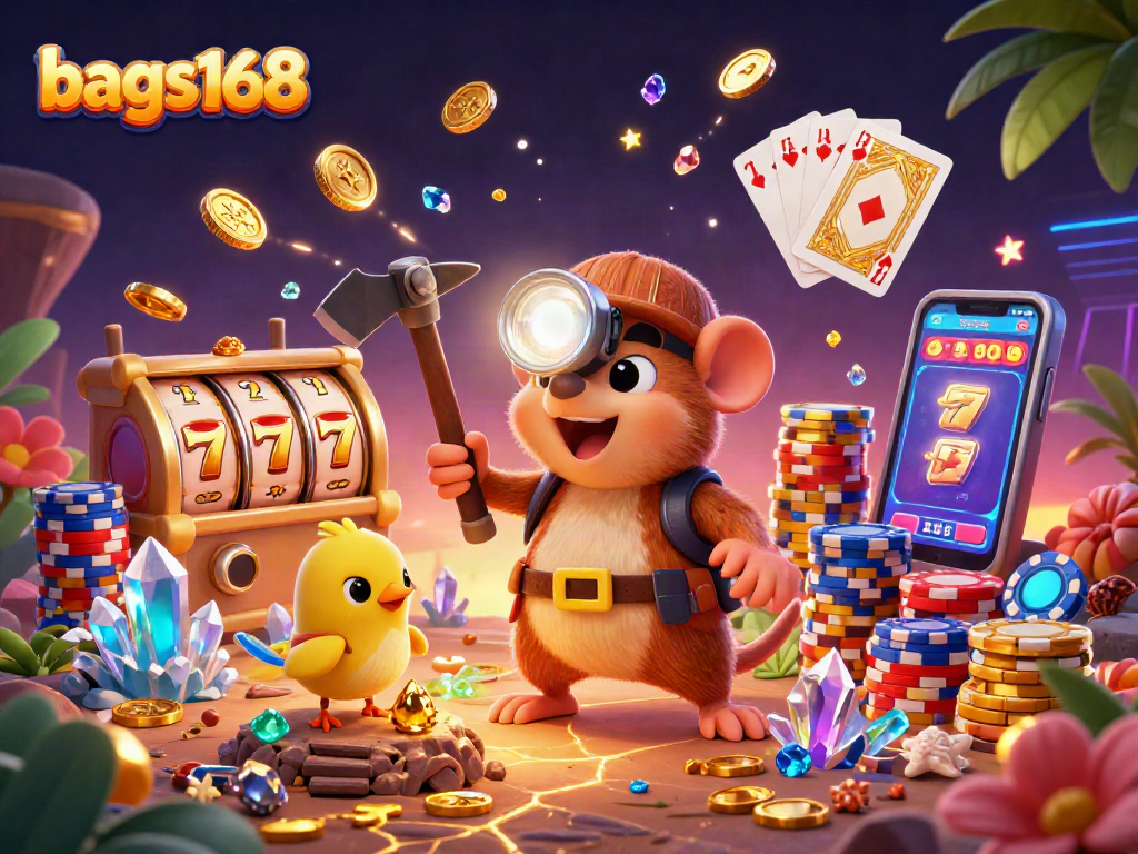 Bags168 showcases a treasure hunter mole and canary amidst a lively casino scene with glowing gems and flying coins.