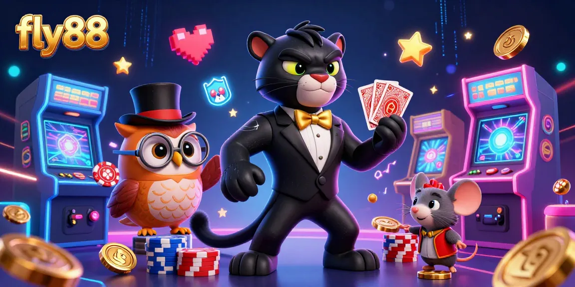 Experience the thrill of fly88 with 3D characters engaging in card games amid vibrant casino elements.