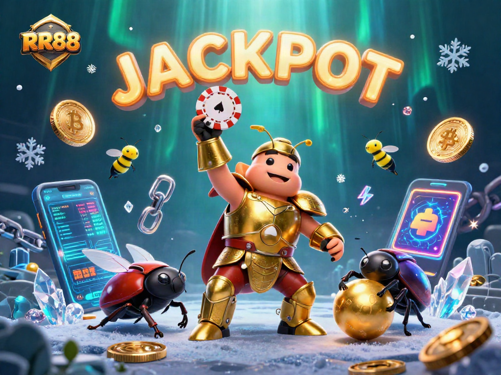 RR88 captivates players with a dynamic illustration featuring a victorious beetle and vibrant magical elements.