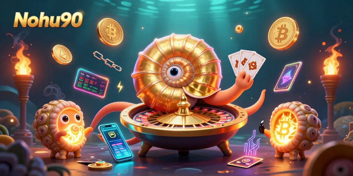 Nohu90 presents a vibrant 3D illustration featuring a giant nautilus roulette wheel surrounded by glowing crypto coins.