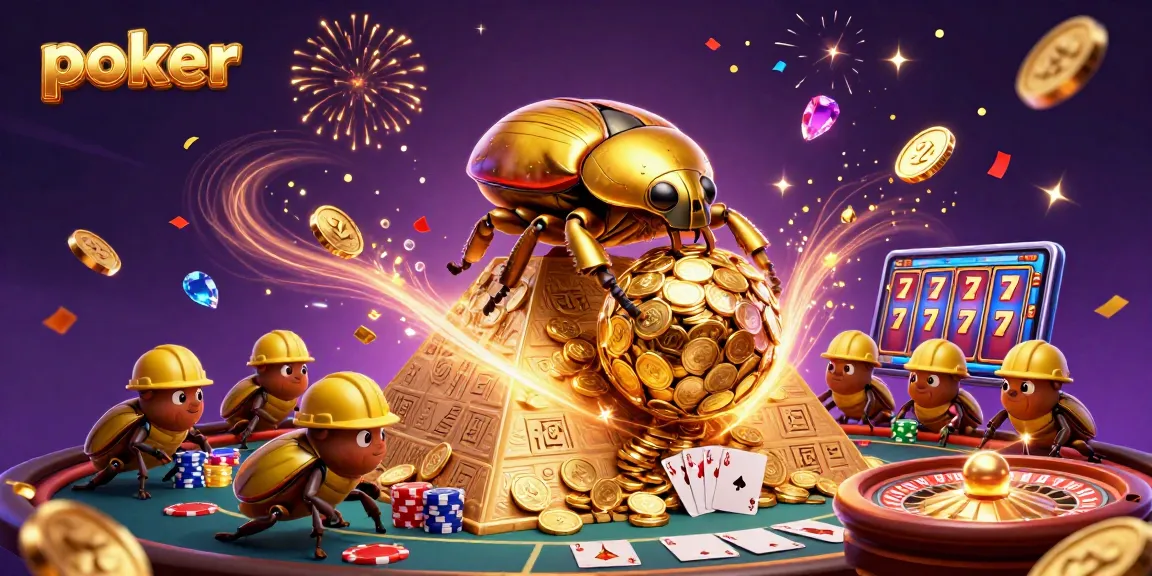 Experience poker with a dynamic scene where golden coins cascade around a giant beetle rolling a ball of wealth.