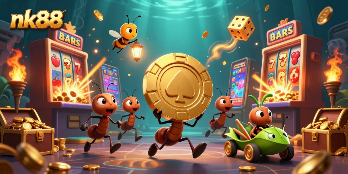 Experience the excitement of nk88 with ants on a golden poker chip adventure in this vibrant casino illustration.