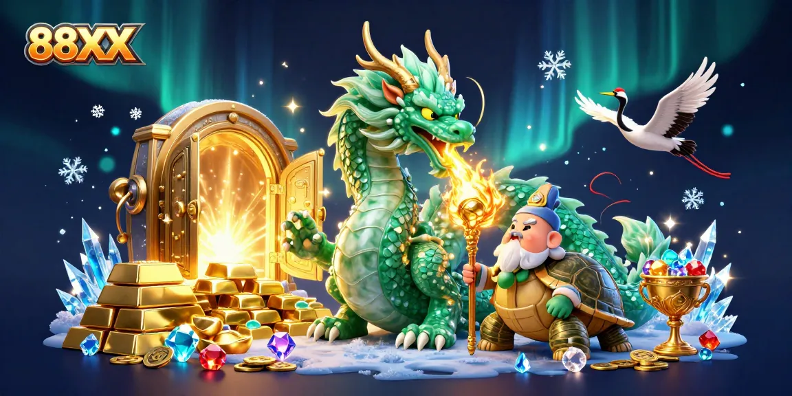 Engage with 88XX casino magic featuring a jade dragon and lucky cranes in a treasure-filled setting.