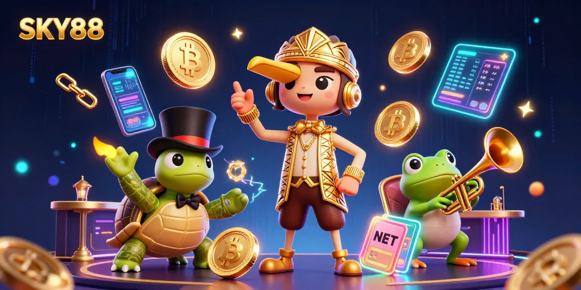 Experience the exciting world of betting and gaming at SKY88 with vibrant casino characters and glowing crypto elements.