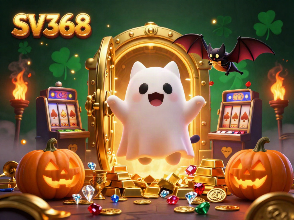 SV368 zooms into action with a friendly ghost cat, a bat in gold, and glowing poker pumpkins surrounding treasure.