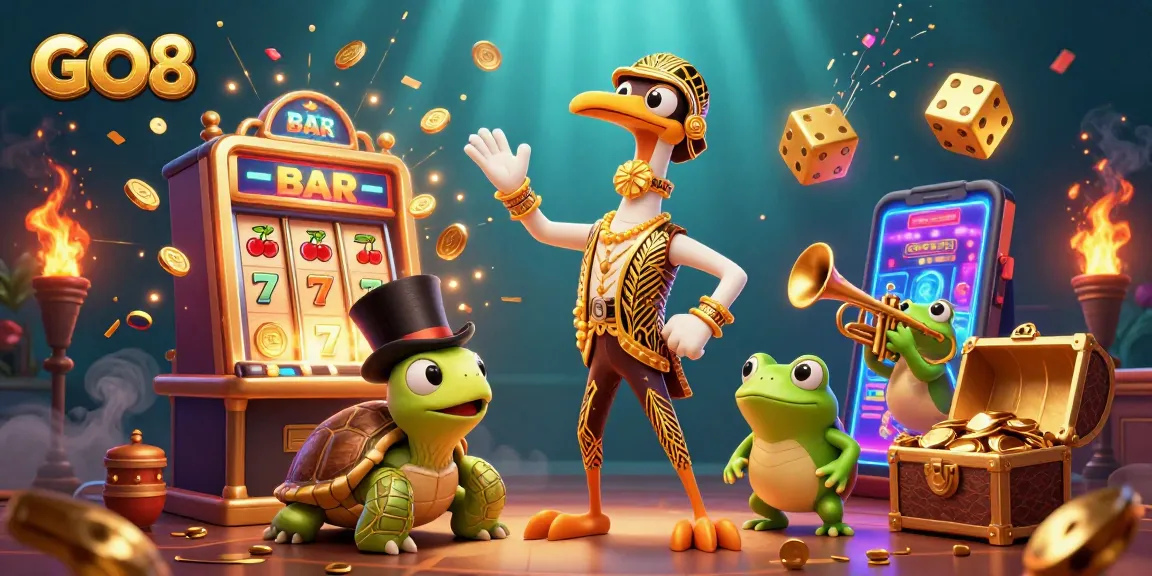 Experience exciting slots with GO8's dynamic casino scene featuring iconic characters and vibrant elements.