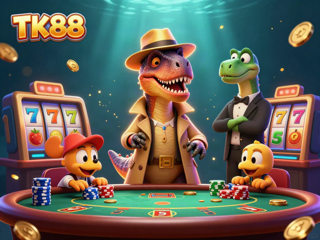 Engage with TK88 at a vibrant casino scene featuring playful dinosaur characters and dynamic slot elements.