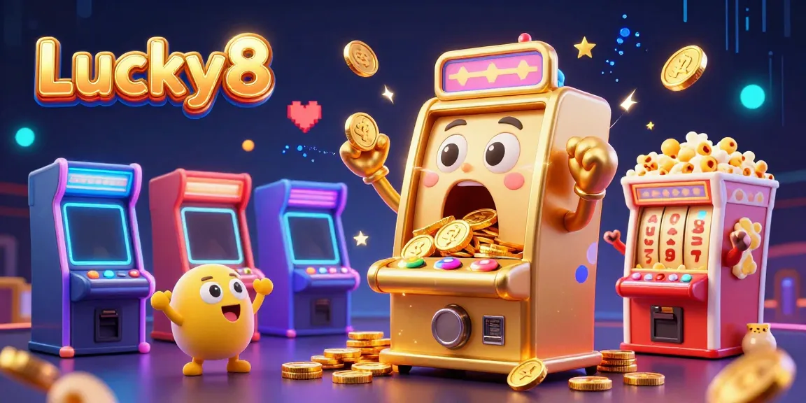 Experience the dynamic fun of Lucky8 slot machines as they celebrate a jackpot moment, surrounded by colorful casino elements.