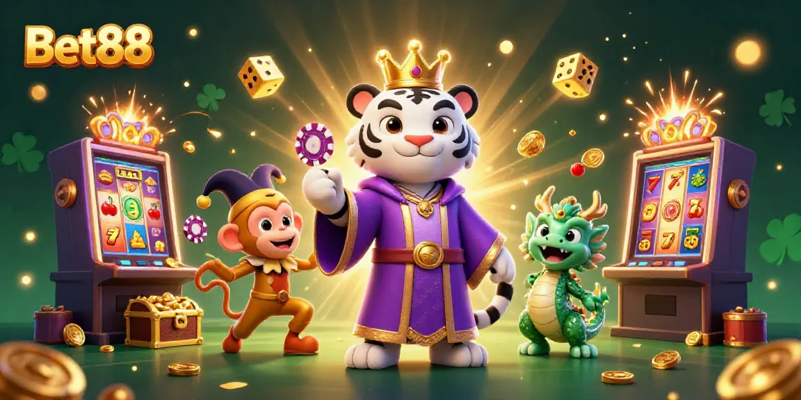 Experience thrilling wins at Bet88 with a vibrant casino scene featuring lucky characters and slots.