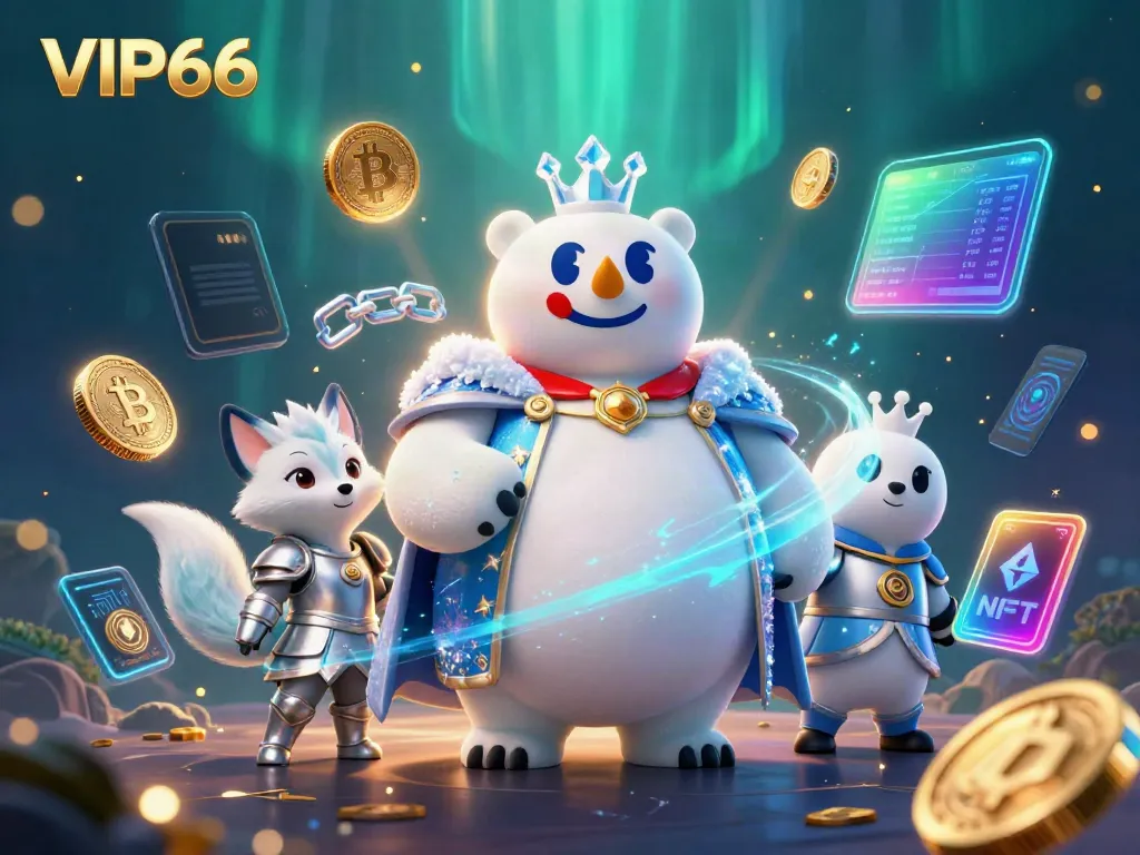 Experience the excitement of VIP66 with a thrilling scene of a cartoon ice king polar bear and snow fox amid an energetic casino backdrop.