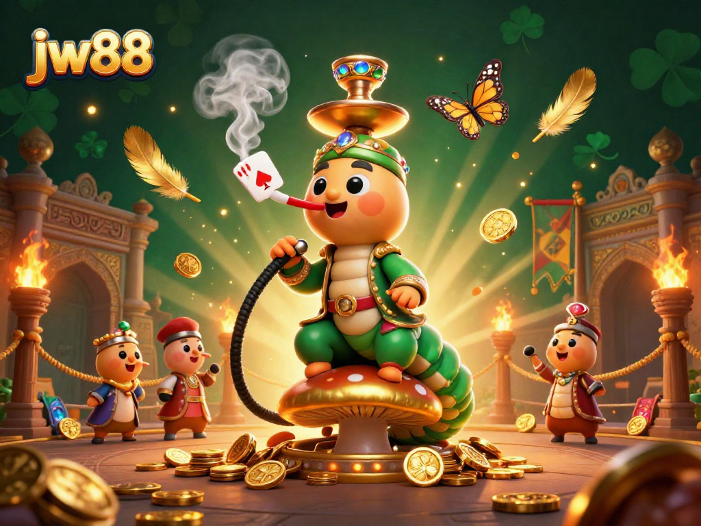Engage with the vibrant jw88 casino scene featuring a caterpillar master and dazzling golden coins.