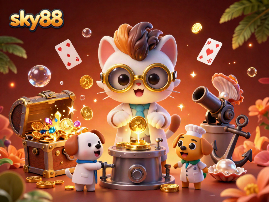 Join the sky88 adventure in a vibrant scene of a mad scientist cat and dog, brimming with sparkling treasures.
