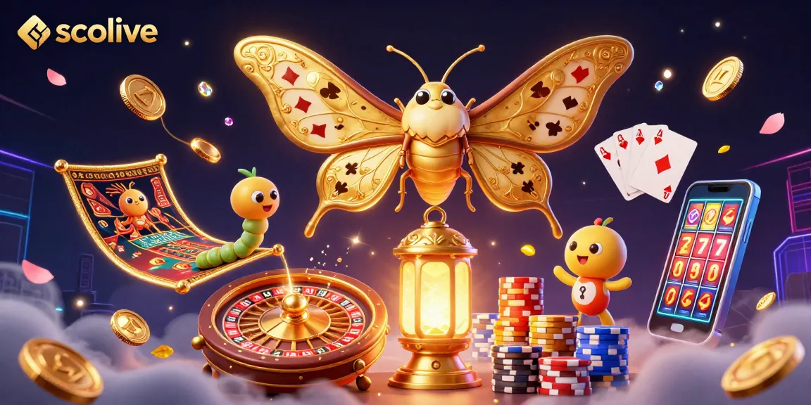 Socolive features thrilling casino elements with a 3D cartoon moth wrapped in golden tapestries, showcasing vibrant gameplay.