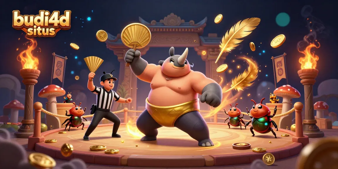 Experience the thrilling budi4d situs with a sumo champion beetle stomping for golden coins in an epic casino scene.