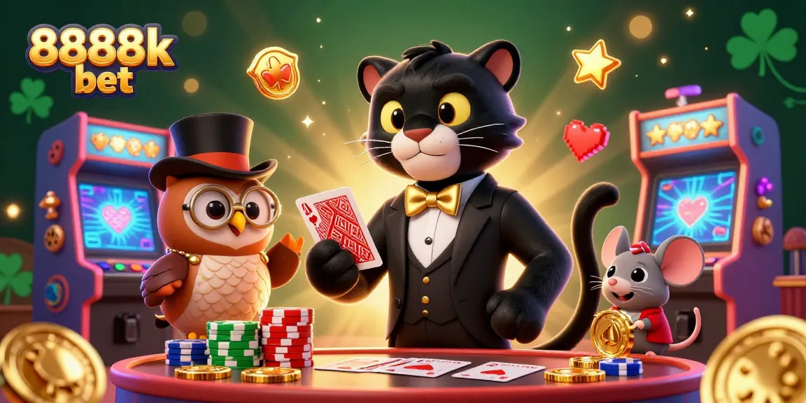 Experience the thrill of 8888k bet with a dynamic casino scene featuring a tuxedo-wearing panther, an owl with poker chips, and a lucky mouse.