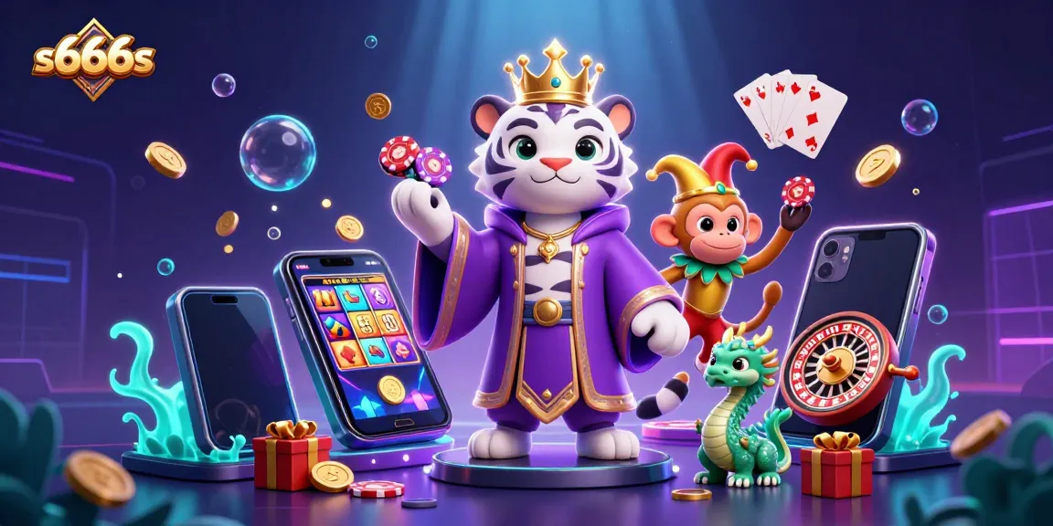 Experience the excitement of s666s with an elegant white tiger and playful monkey amidst casino delights.