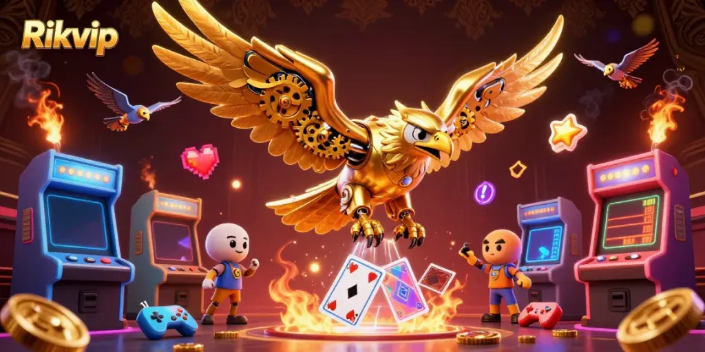 Experience the thrill of Rikvip with an action-packed scene featuring a golden eagle and dynamic gaming elements.