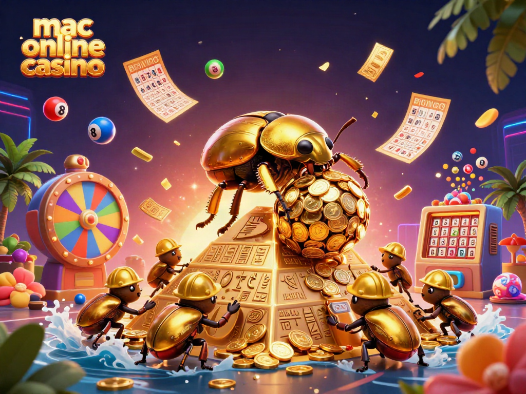 Engage with mac online casinos through vibrant 3D scenes featuring golden treasures and lottery excitement.
