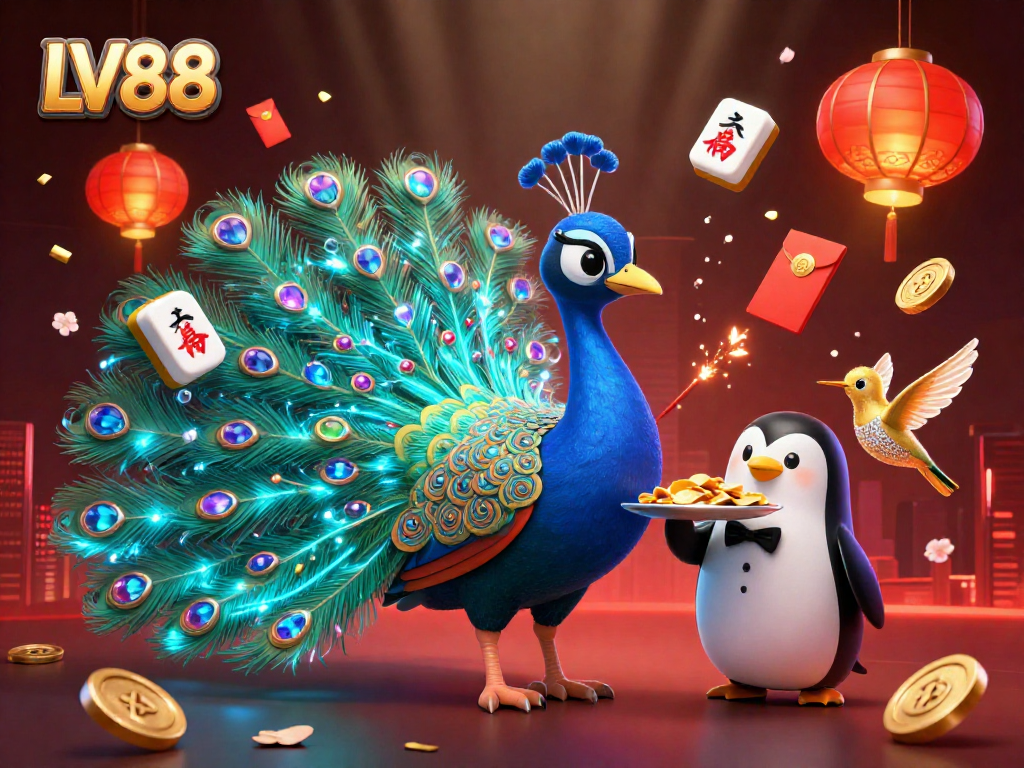 Experience LV88 with a vibrant 3D casino scene featuring an aristocratic peacock and lucky elements