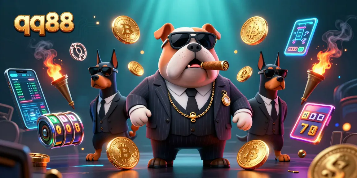 Engaging gambling action with qq88, featuring a mafia bulldog surrounded by slot game elements and crypto coins.