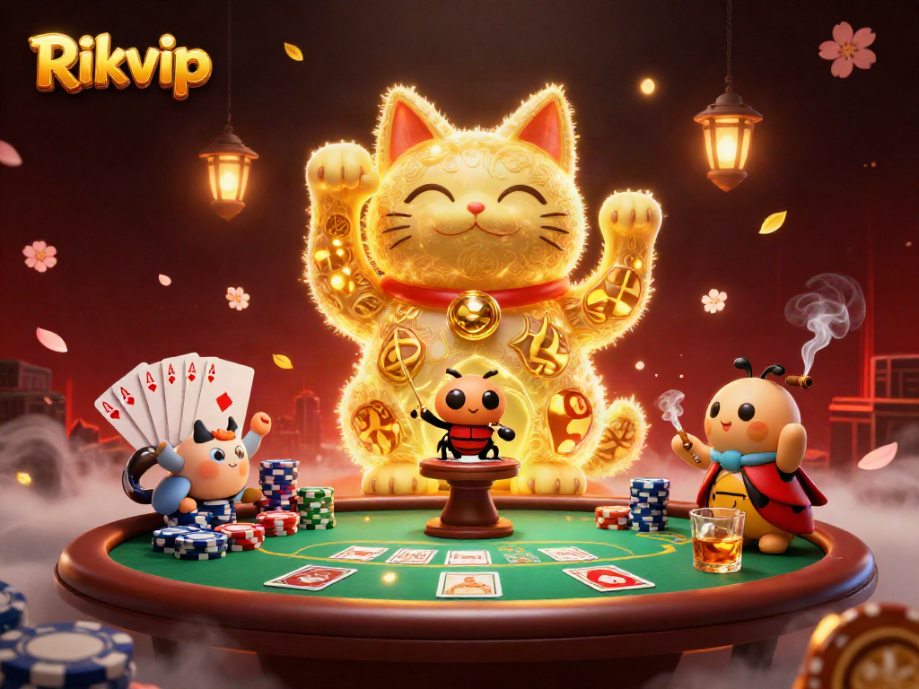 Engage in thrilling gameplay at Rikvip with a captivating 3D cartoon illustration of a lucky cat and casino symbols.