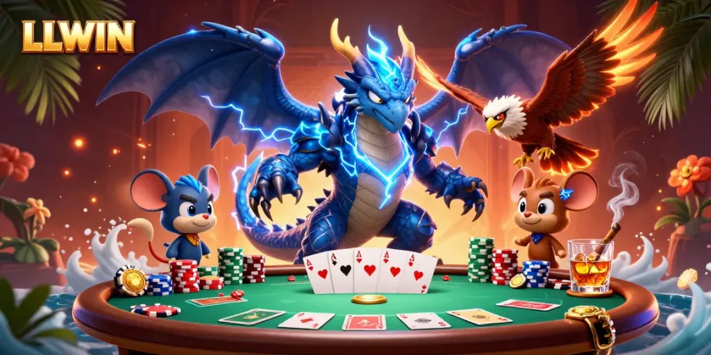 Experience LLWIN thrills with a powerful thunder dragon, wind hawk, and poker elements in a vibrant casino scene.