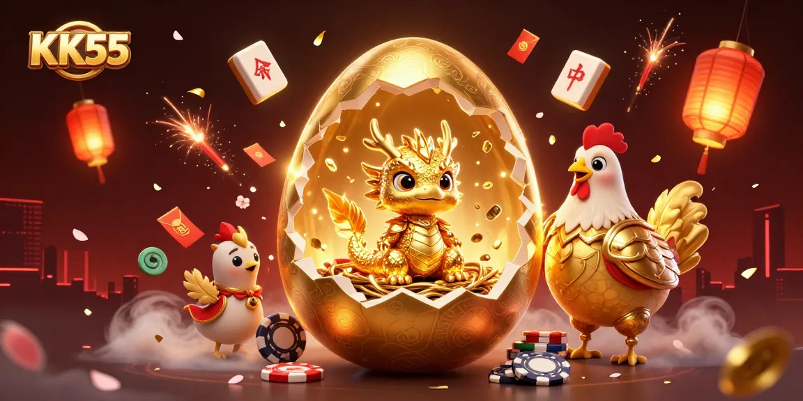 Experience thrilling moments at KK55 with a golden dragon amidst poker chips and vibrant casino elements.