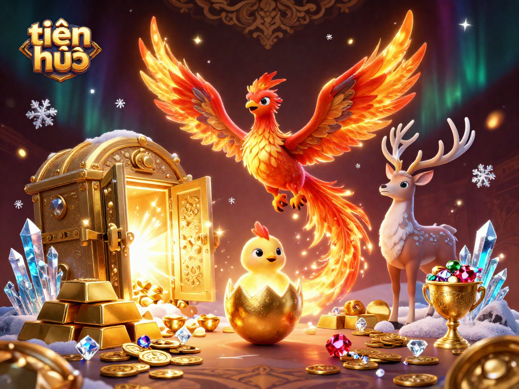 Play the tiến lên card game featuring lively phoenix characters and treasures in vibrant digital art.