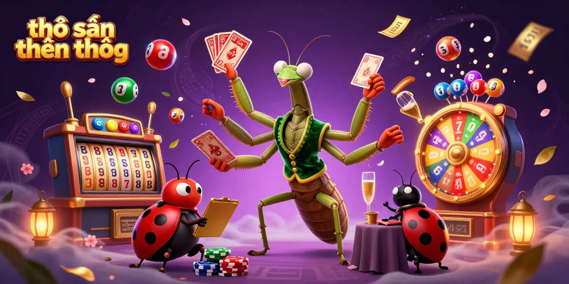 Engage in thrilling slot action with thợ săn tiền thưởng, where a mantis dealer orchestrates a vibrant casino scene.