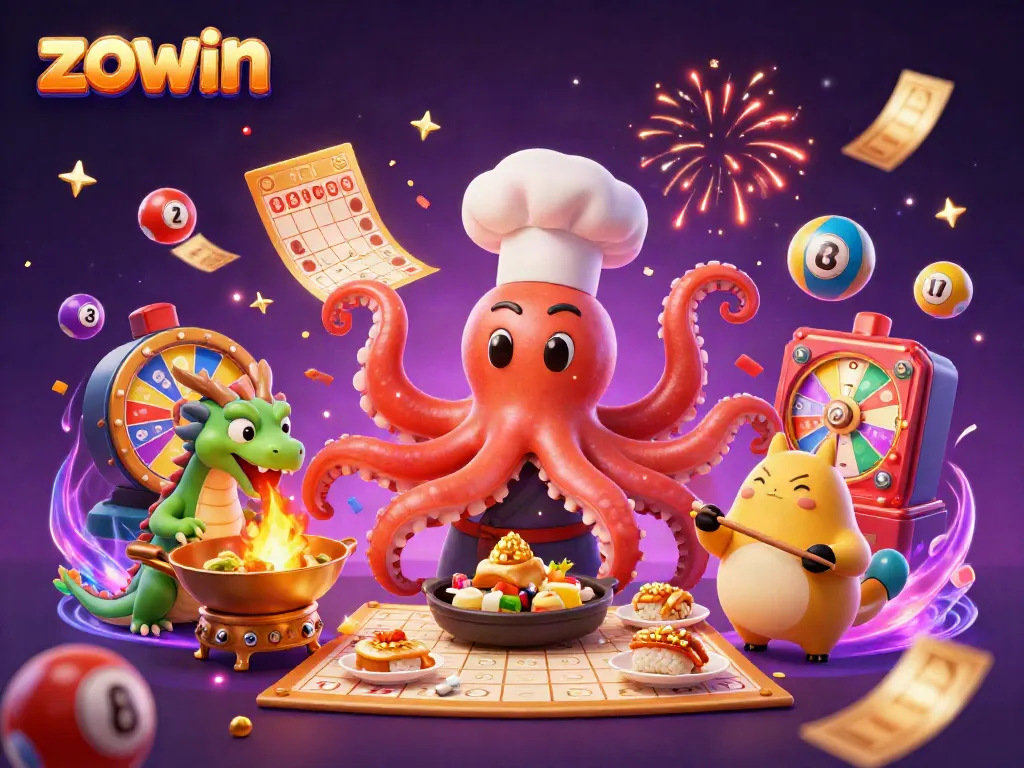 Zowin offers thrilling gaming experiences with a vibrant octopus chef and dragon, engaging in winning games.