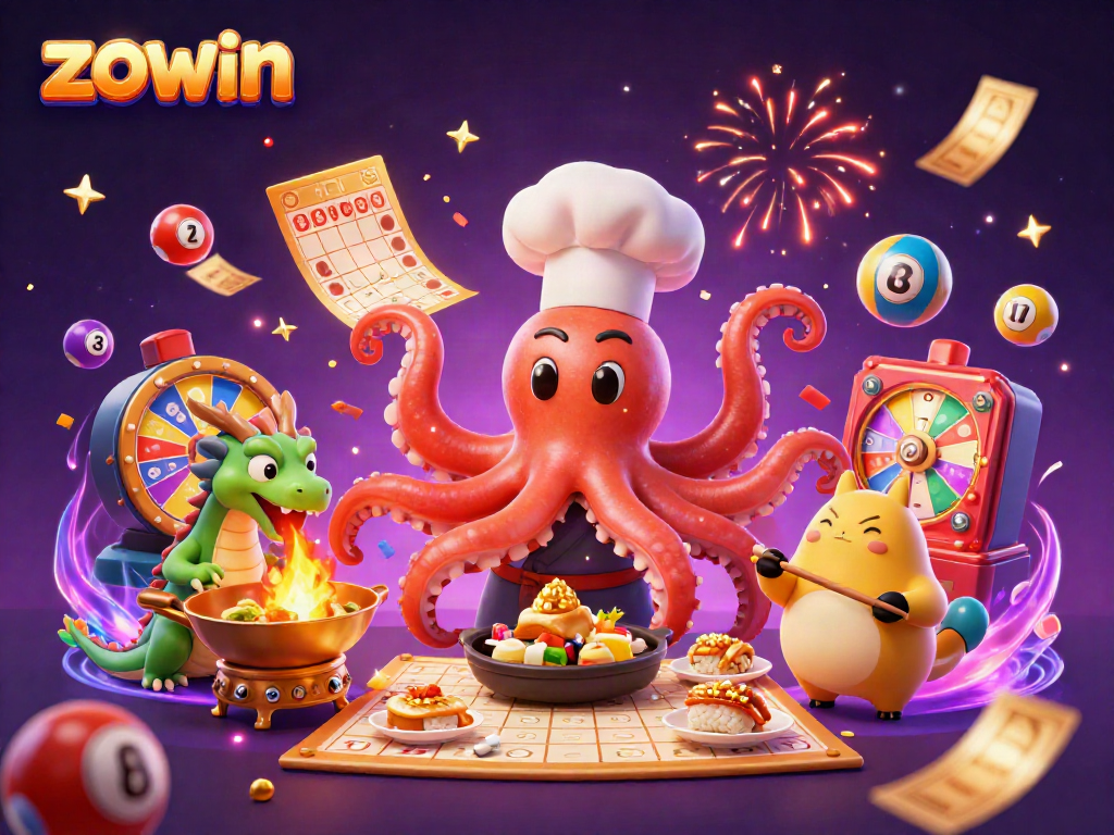 Zowin offers thrilling gaming experiences with a vibrant octopus chef and dragon, engaging in winning games.