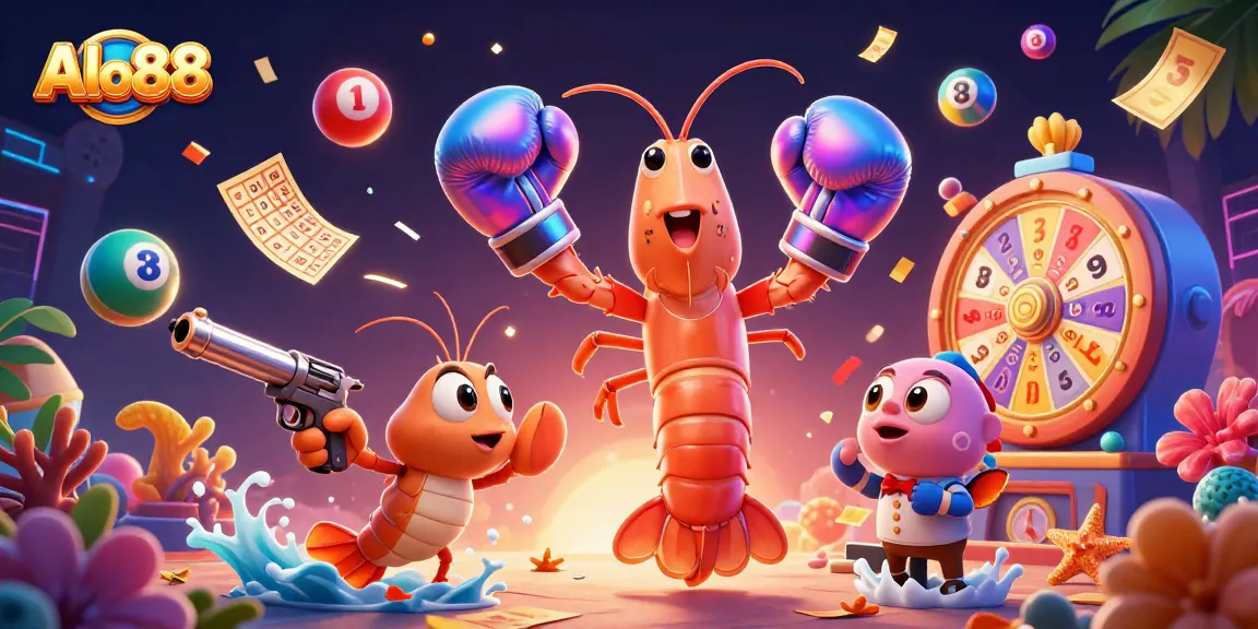Alo88 showcases an exciting lottery experience with vibrant bubbles and colorful game elements surrounding animated characters.