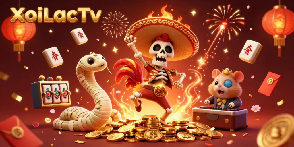 XoiLacTv showcases a vibrant victory scene with characters celebrating amidst gold coins and festive gambling elements.