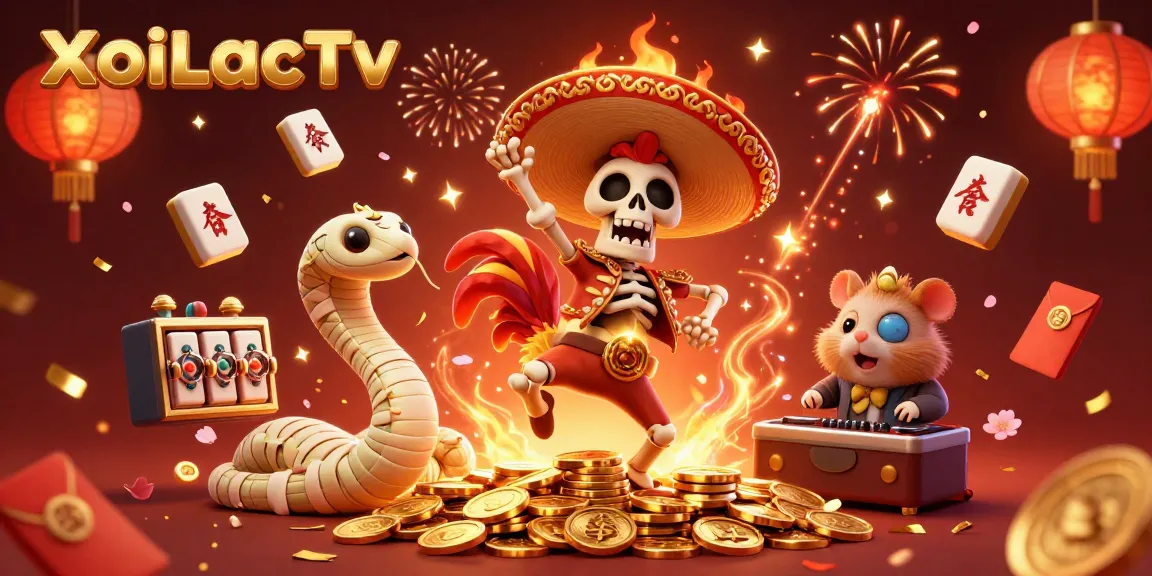 XoiLacTv showcases a vibrant victory scene with characters celebrating amidst gold coins and festive gambling elements.