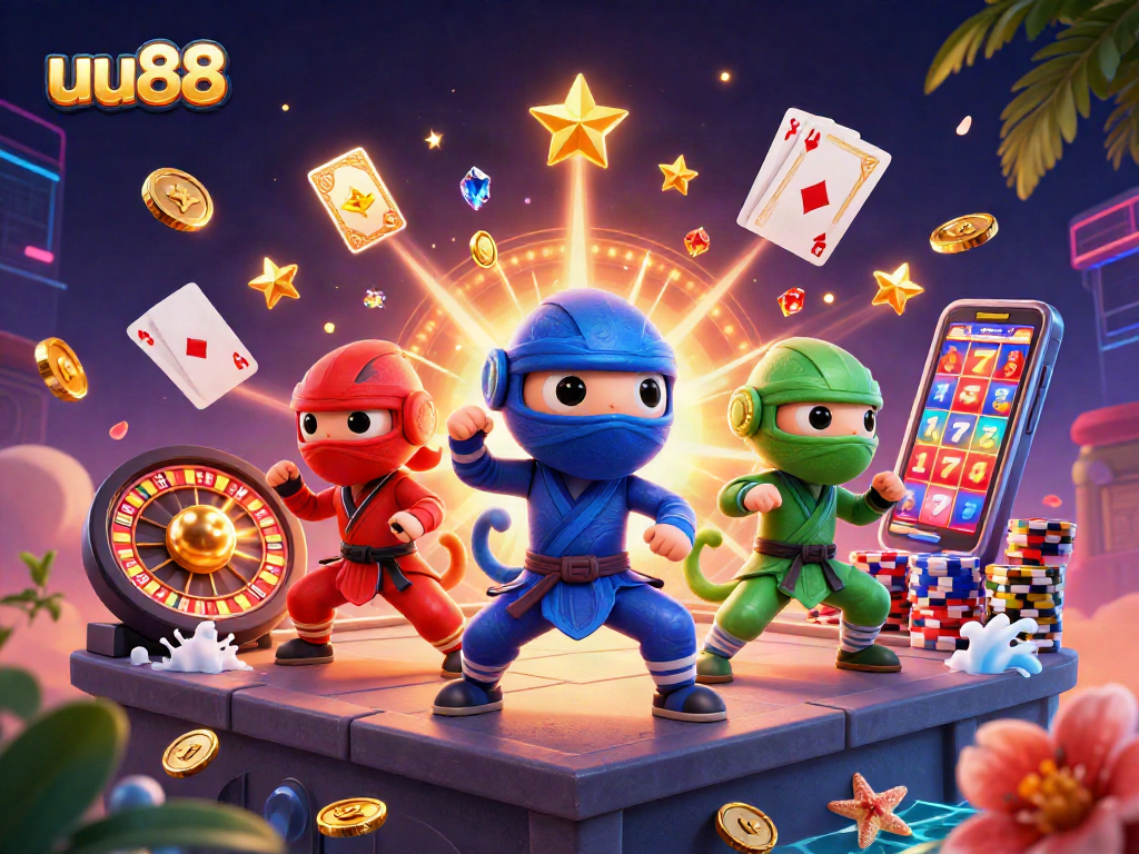 Engage with uu88's action-packed casino scene featuring ninja chameleons and dynamic game elements.