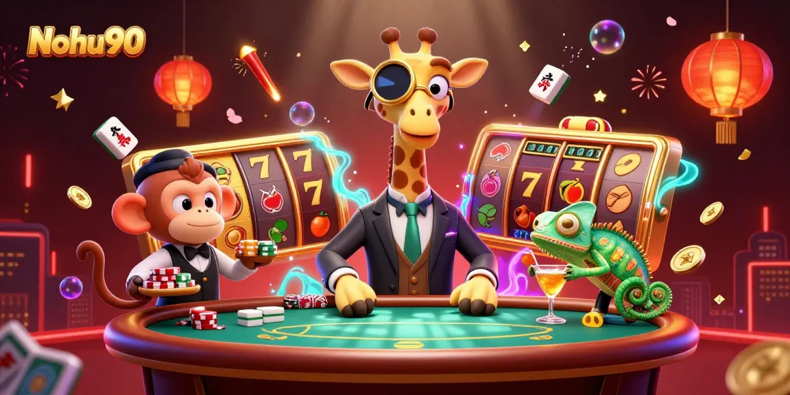 Nohu90 immerses players in a vibrant slot game scene featuring a giraffe, monkey, and chameleon at a VIP casino.
