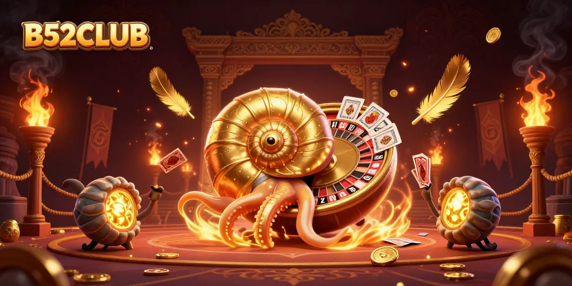 Engage in the thrilling world of B52CLUB casino with its unique nautilus roulette wheel and vibrant characters.