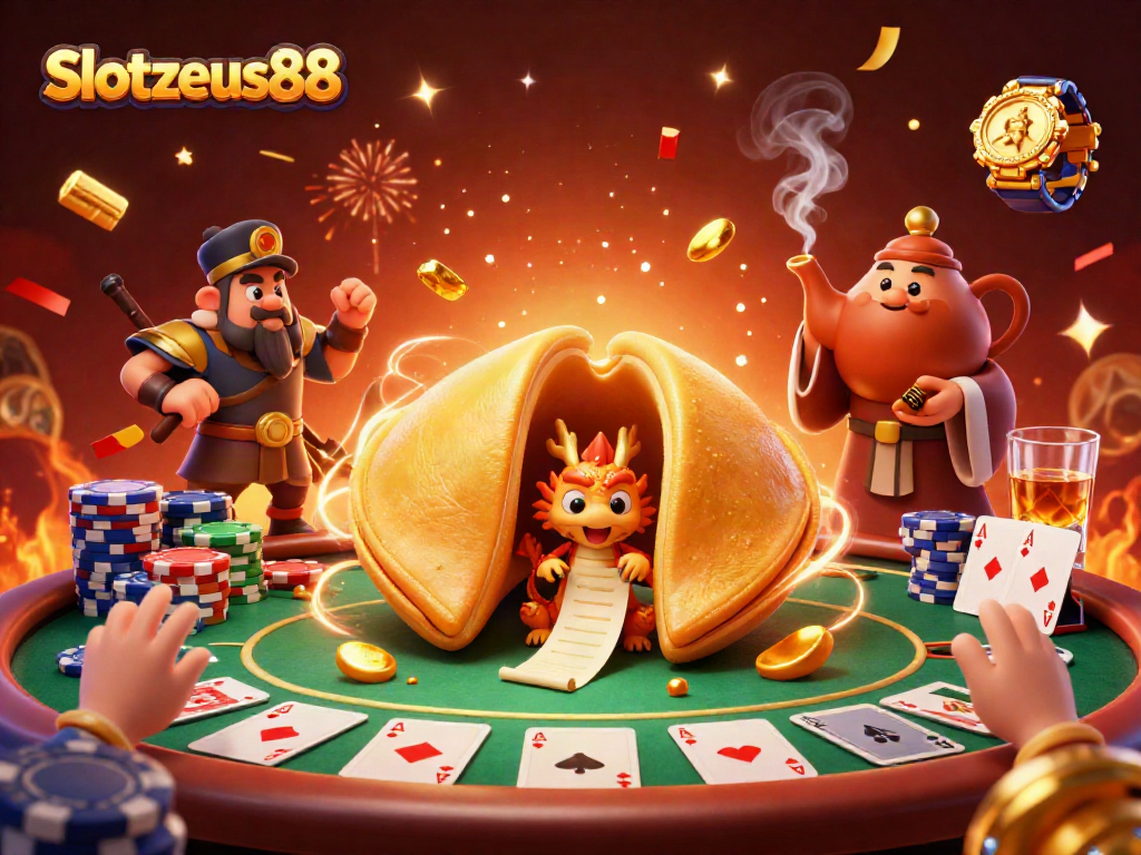 Spin the reels at Slotzeus88 with a vibrant casino-themed 3D illustration bursting with color and action.
