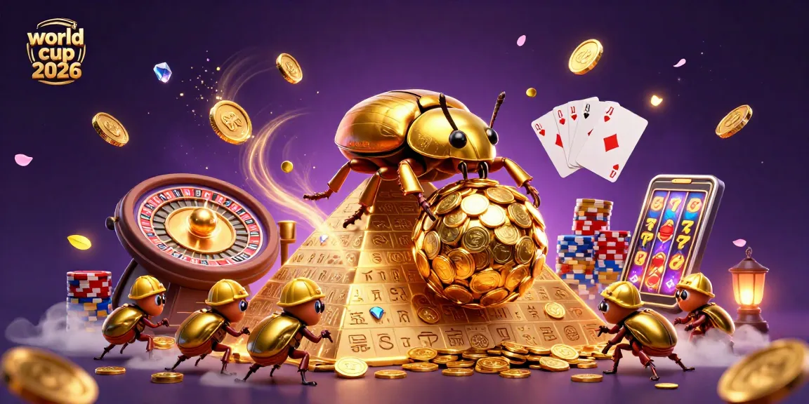 Experience thrilling action in world cup 2026 as a giant beetle rolls in casino glory with golden coins.